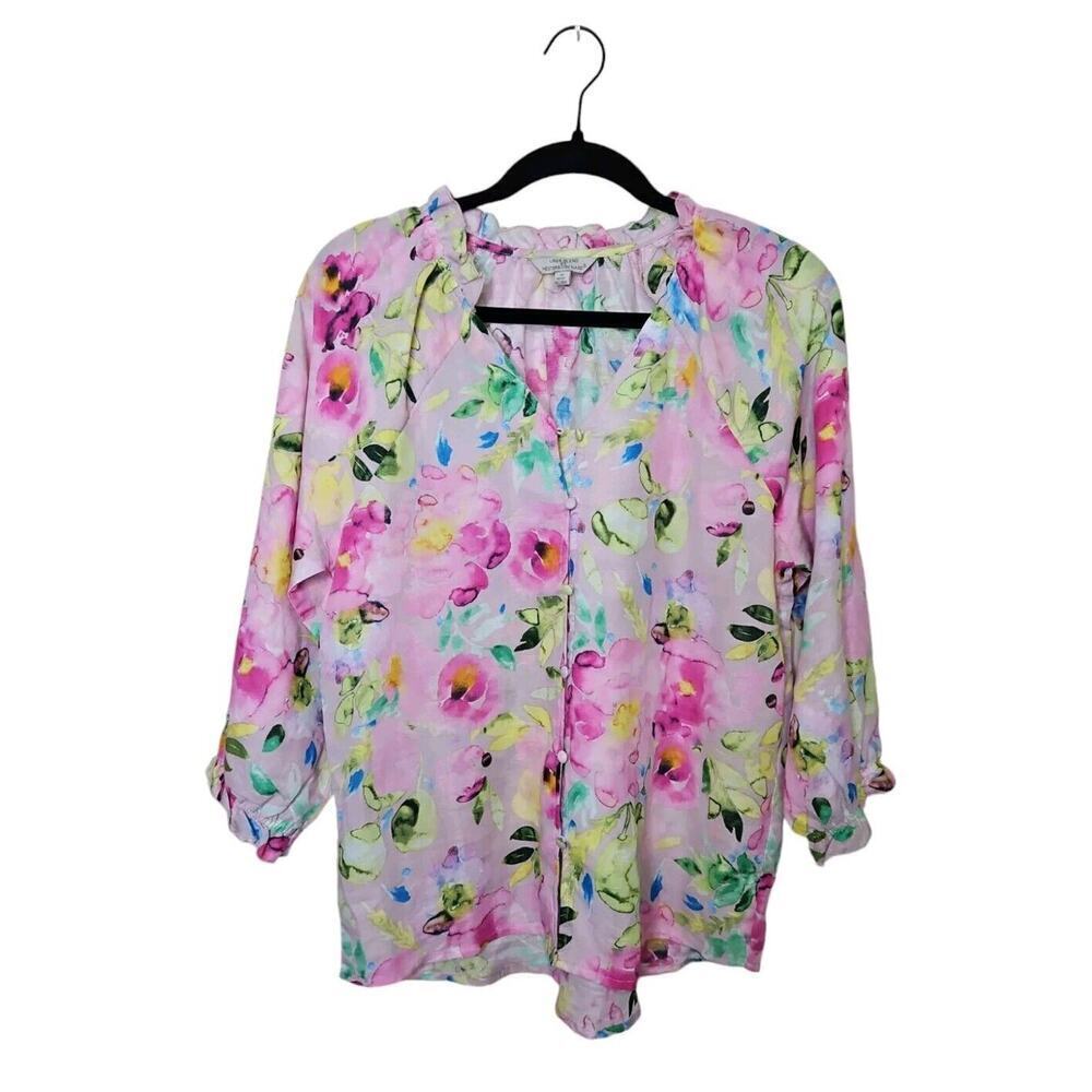 Hester & Orchard Linen Blend Pink Floral Top 3/4 Sleeve Button Up Womens Sz S - Picture 2 of 7